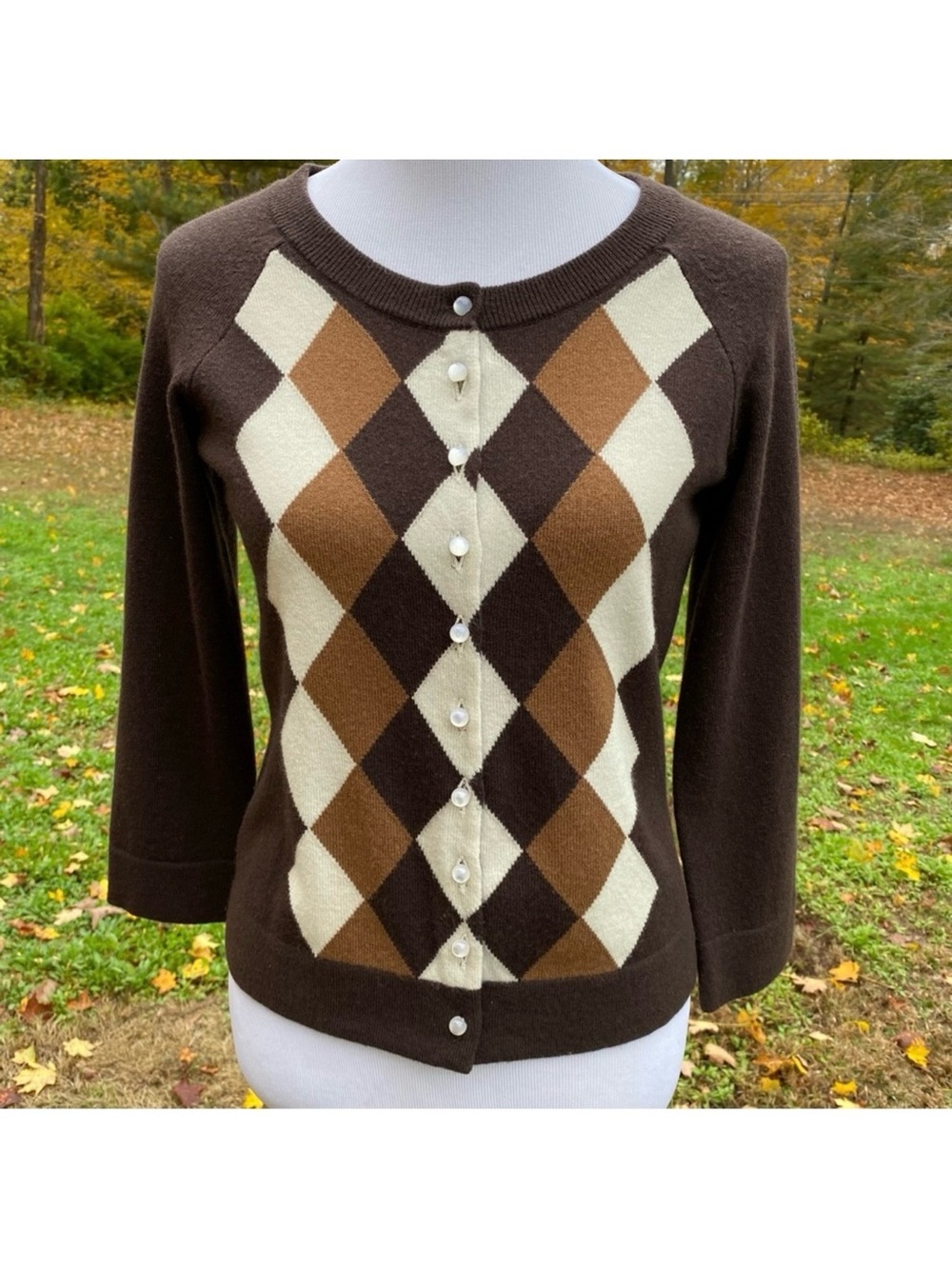 Lands’ End sweater Cardigan brown cream argyle print cashmere button front Sz XS